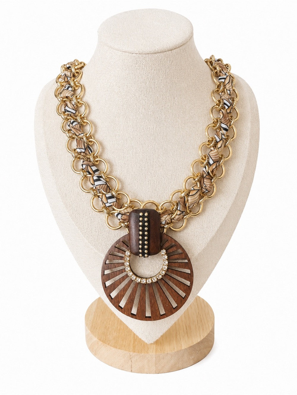 1946 Brand Wood Statement‎ Necklace Gold Tone Mixed Media Boho